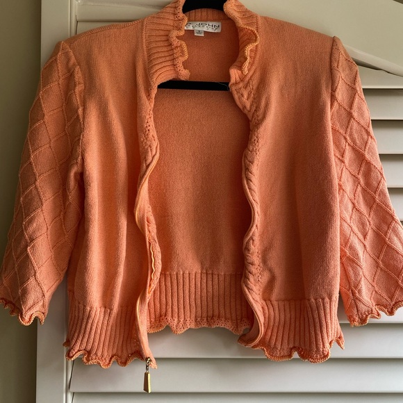 St. John Collection Orange Sherbet Knit Zip Up Cardigan Sweater | 4 - Picture 5 of 7